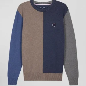 Alternative view of Pull col rond colorblock en coton bleu chiné et marron coupe Regular