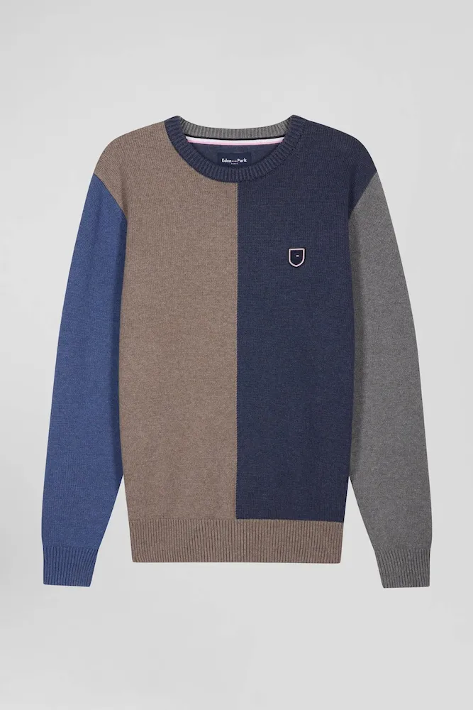 Pull Col Rond Colorblock En Coton Bleu Chiné Et Marron Coupe Regular