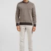 Pull col rond en laine et coton marron coupe Regular