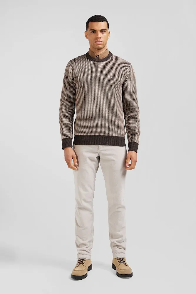 Pull col rond en laine et coton marron coupe Regular