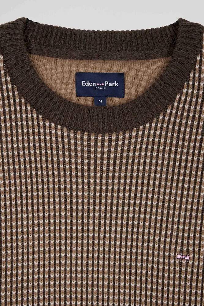 Pull col rond en laine et coton marron coupe Regular – Bild 7