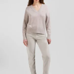 Pull col V en laine et coton beige coupe Relaxed