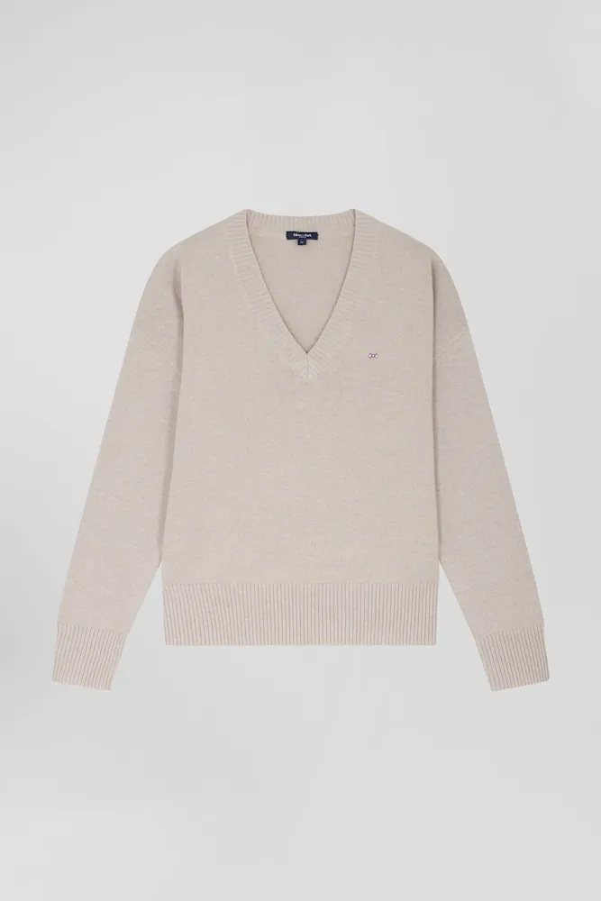 Pull Col V En Laine Et Coton Beige Coupe Relaxed