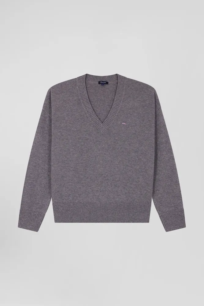 Pull Col V En Laine Et Coton Gris Anthracite Coupe Relaxed