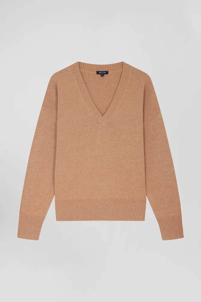 Pull Col V En Laine Et Coton Camel Coupe Relaxed
