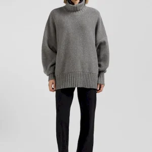 Pull col roulé en laine mélangée gris coupe Oversized