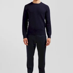 Pull col rond en laine et coton bleu marine coupe Regular effet micro nœud papillon