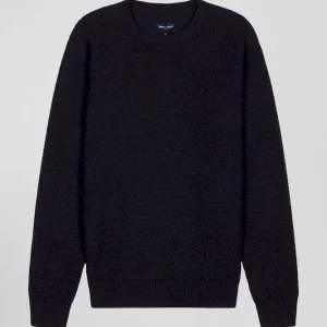 Alternative view of Pull col rond en laine et coton bleu marine coupe Regular effet micro nœud papillon