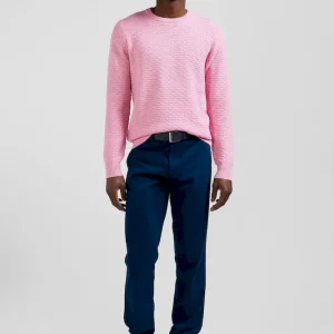 Pull col rond en laine et coton rose coupe Regular effet micro nœud papillon