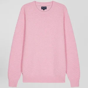 Alternative view of Pull col rond en laine et coton rose coupe Regular effet micro nœud papillon