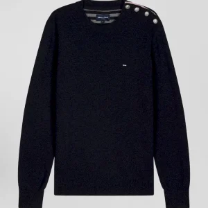 Alternative view of Pull col rond boutonnage épaule en laine marine coupe Regular