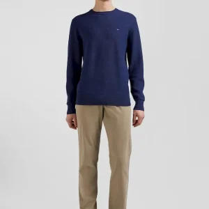 Pull col rond uni en coton bleu foncé coupe Regular