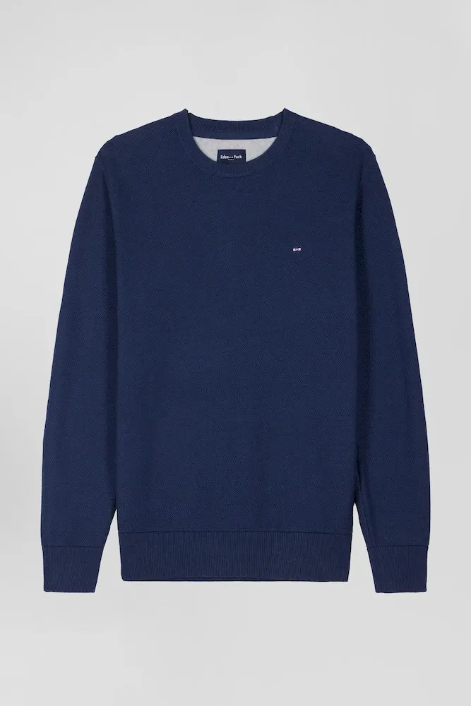 Pull Col Rond Uni En Coton Bleu Foncé Coupe Regular