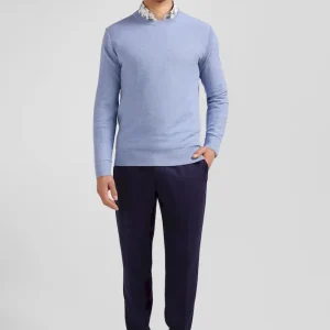 Pull col rond uni en coton ciel coupe Regular