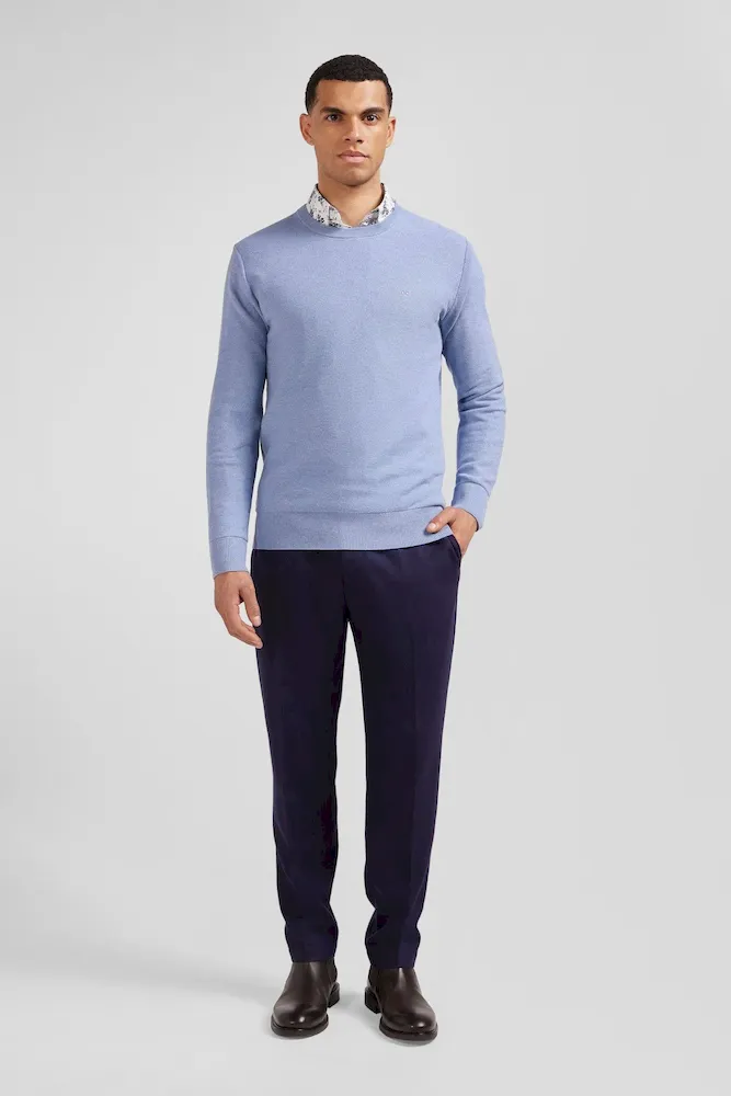 Pull col rond uni en coton ciel coupe Regular