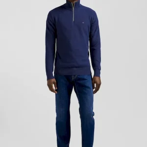 Pull col camionneur zippé uni en coton bleu foncé coupe Regular