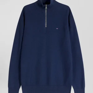 Alternative view of Pull col camionneur zippé uni en coton bleu foncé coupe Regular