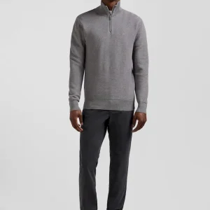 Pull col camionneur zippé uni en coton gris coupe Regular