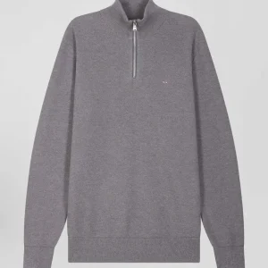 Alternative view of Pull col camionneur zippé uni en coton gris coupe Regular