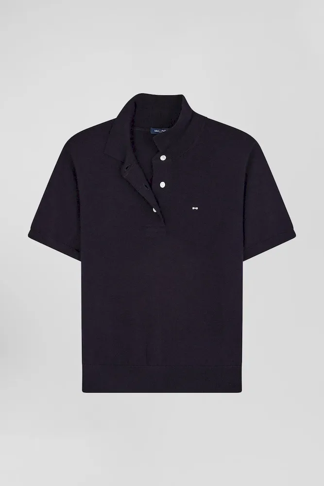 Pull Manches Courtes à Col Polo En Laine Bleu Marine Coupe Regular