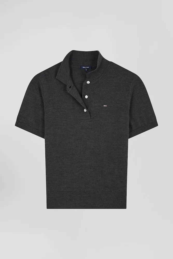 Pull Manches Courtes à Col Polo En Laine Gris Anthracite Coupe Regular