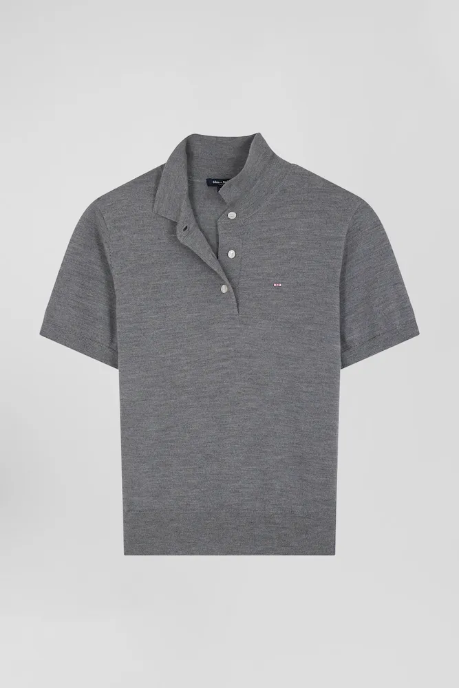 Pull Manches Courtes à Col Polo En Laine Gris Foncé Coupe Regular