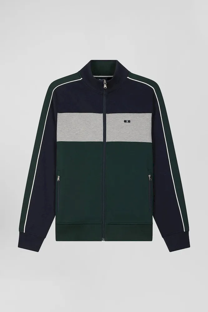 Sweatshirt Zippé Colorblock En Coton Mélangé Vert Coupe Regular