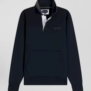 Alternative view of Sweatshirt col maillot en coton mélangé bleu marine coupe Relaxed application tissus carreaux