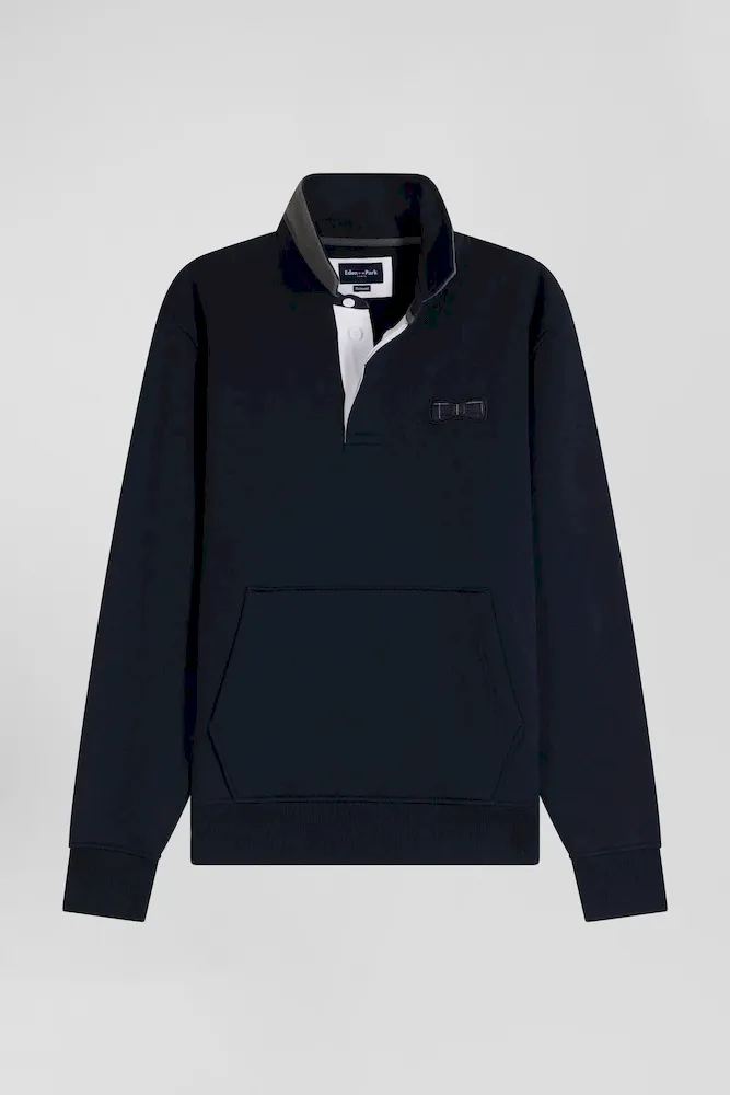 Sweatshirt Col Maillot En Coton Mélangé Bleu Marine Coupe Relaxed Application Tissus Carreaux