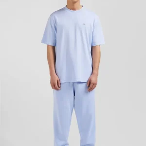 T-shirt manches courtes unisexe en coton surteint uni ciel coupe Oversized