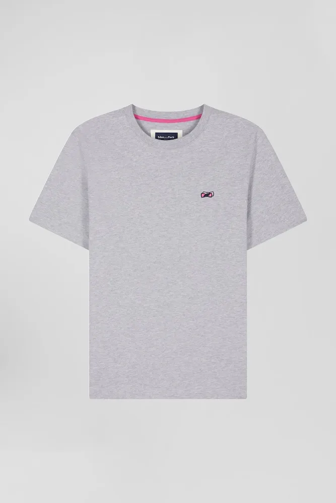 T-shirt Manches Courtes En Coton Gris Broderie Dos Coupe Regular