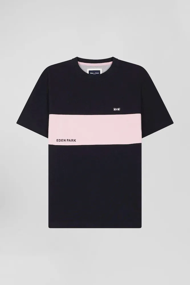 T-shirt Manches Courtes Bicolore En Coton Bleu Marine Et Rose Coupe Regular