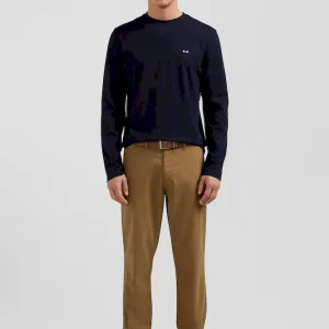 T-shirt manches longues en coton bleu marine broderie dos coupe Regular