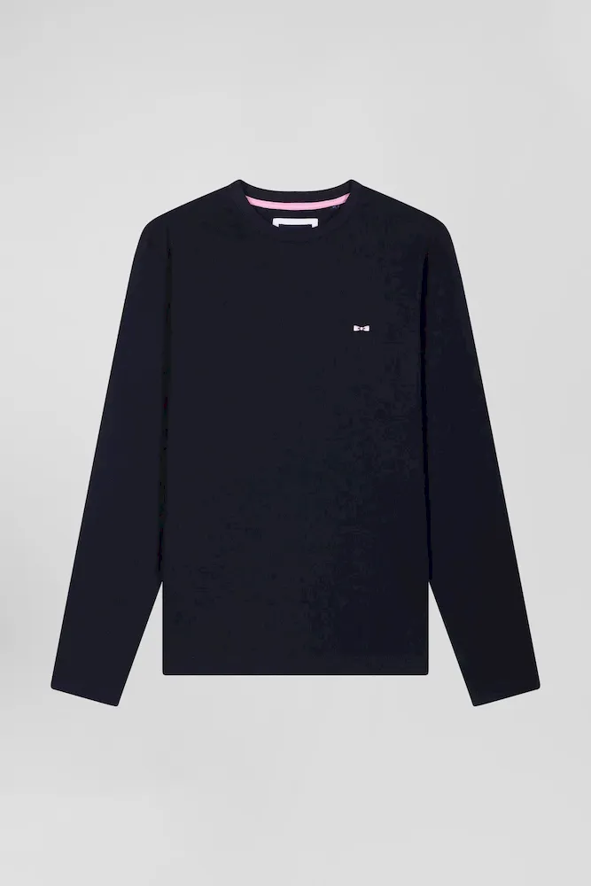 T-shirt Manches Longues En Coton Bleu Marine Broderie Dos Coupe Regular