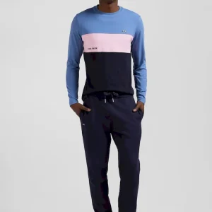 T-shirt manches longues colorblock en coton bleu coupe Regular