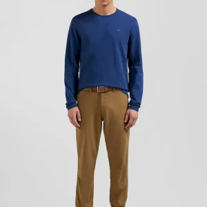 T-shirt manches longues en coton uni bleu coupe Slim