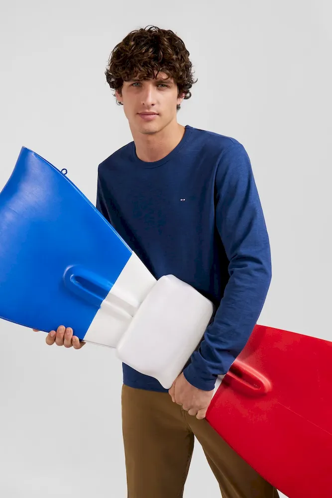T-shirt Manches Longues En Coton Uni Bleu Coupe Slim