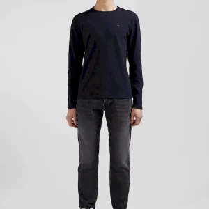 T-shirt manches longues en coton uni bleu marine coupe Slim