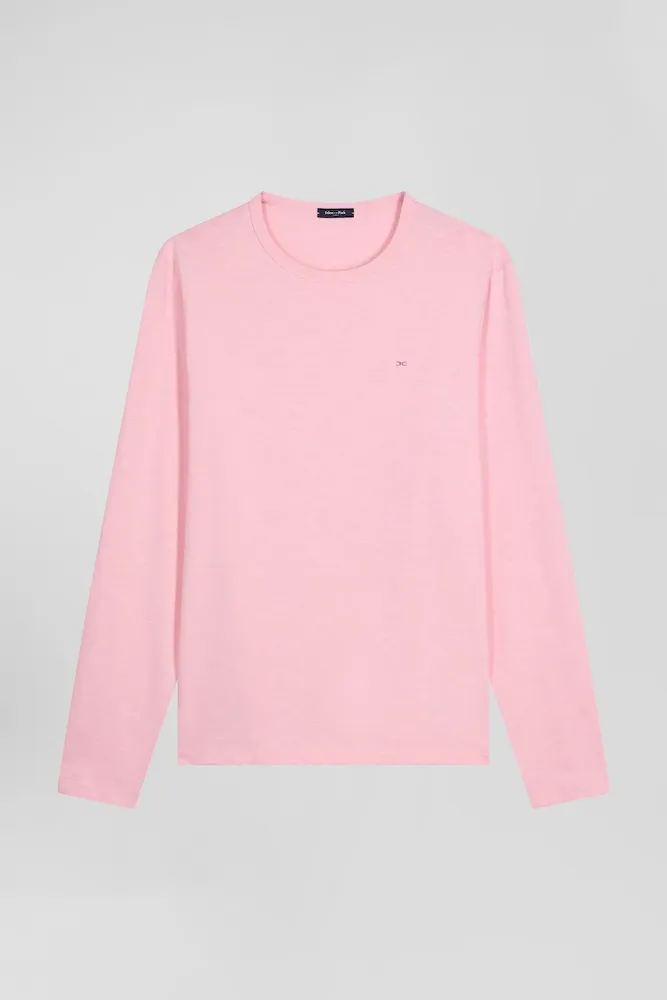 T-shirt Manches Longues En Coton Uni Rose Coupe Slim
