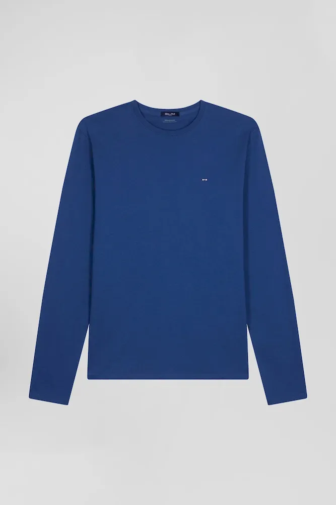 T-shirt Manches Longues Uni En Coton Bleu Coupe Regular
