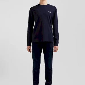 T-shirt manches longues en coton bleu marine brodé coupe Regular