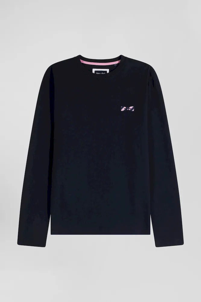 T-shirt Manches Longues En Coton Bleu Marine Brodé Coupe Regular