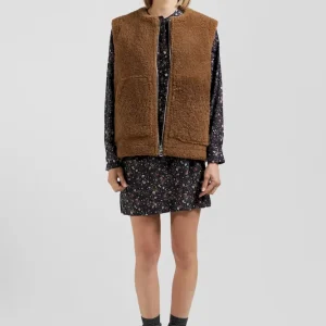 Gilet sans manches zippé en peau retournée noisette coupe Relaxed