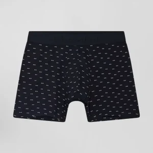 Boxer à micro motifs nœud papillon bleu marine et rose en coton stretch