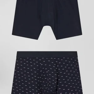 Lot de 2 boxers en coton stretch uni et micro-motifs bleu marine