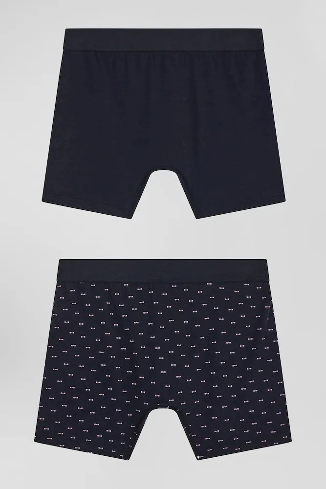 Lot De 2 Boxers En Coton Stretch Uni Et Micro-motifs Bleu Marine