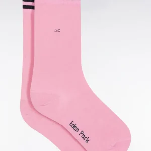Chaussettes en coton stretch mélangée roses à bordures rayées