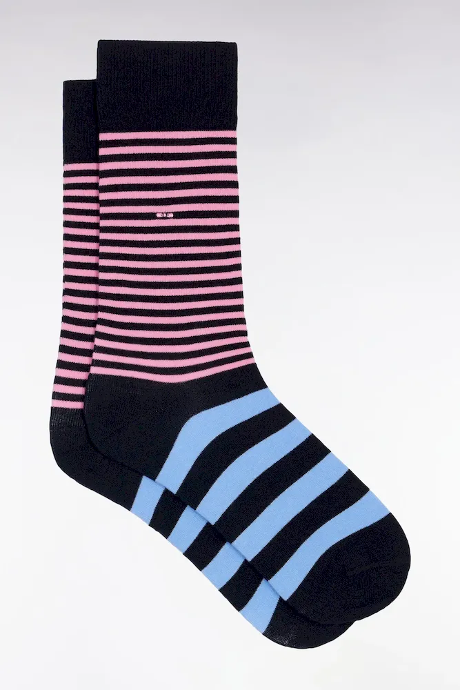 Chaussettes à rayures bicolores en coton mélangé bleues et roses