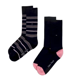 Lot de deux paires de chaussettes en coton stretch mélangé marine unies et rayées