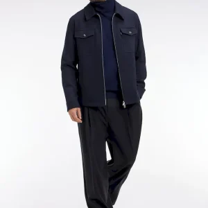 Pantalon large à pinces avec laine et cachemire bleu marine